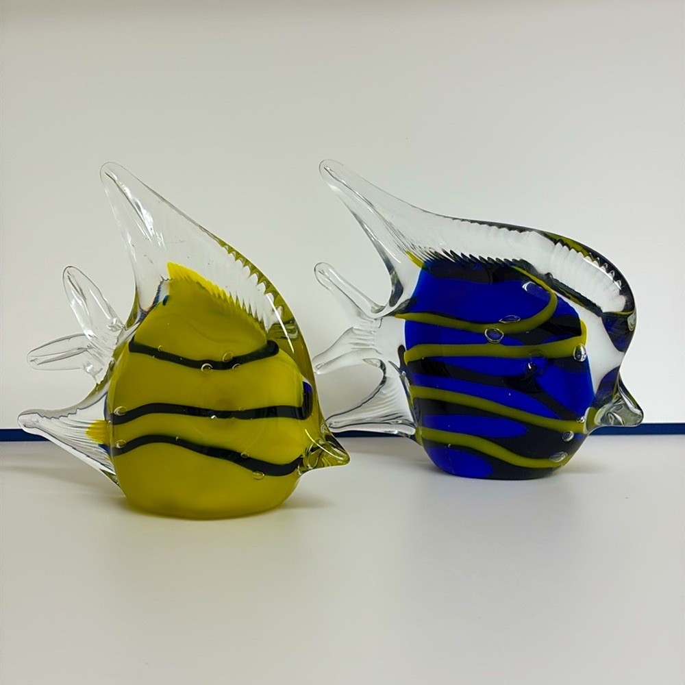 Vintage Set of 2 Hand Blown Glass Blue & Yellow Angel FISH Decor Art Paperweight